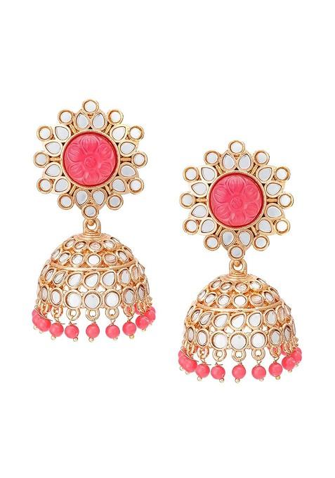 Gold Toned And Pink Geometric Jhumkas Earrings