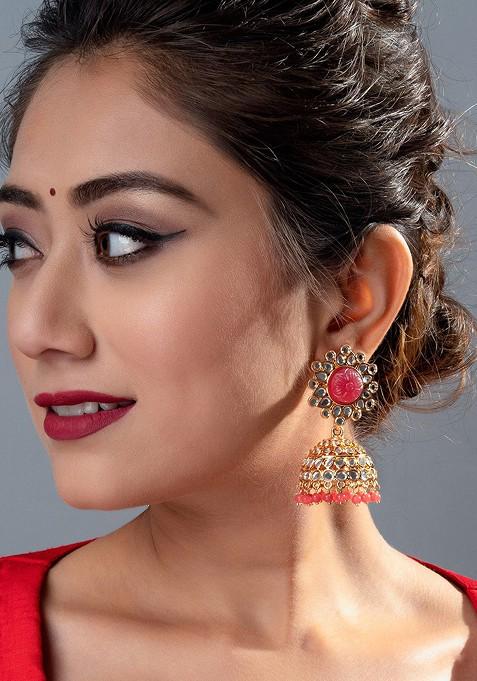 Gold Toned And Pink Geometric Jhumkas Earrings
