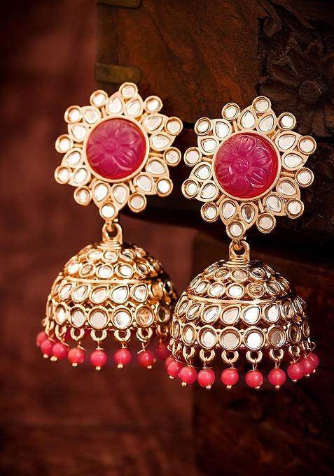 Gold Toned And Pink Geometric Jhumkas Earrings