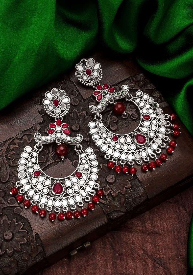 Silver Silver Toned And Red Classic Chandbalis Earrings - Indya