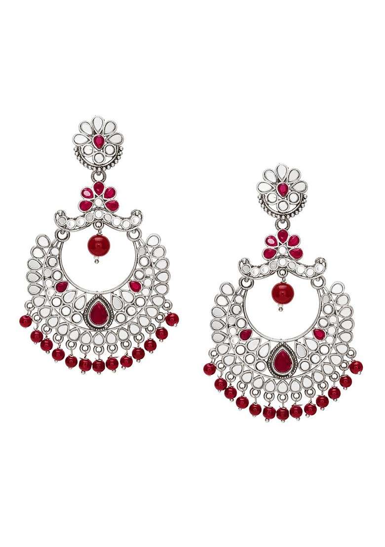 Silver Silver Toned And Red Classic Chandbalis Earrings - Indya