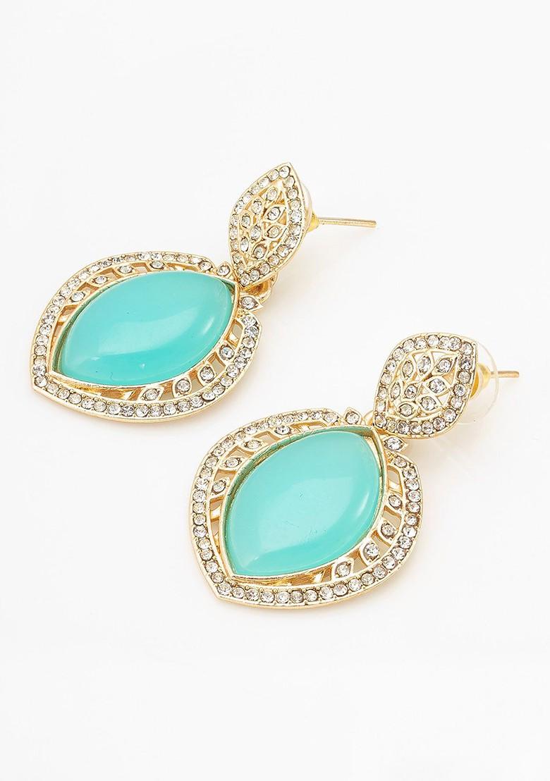 Gold Plated Geometric Stone Studded Drop Earrings