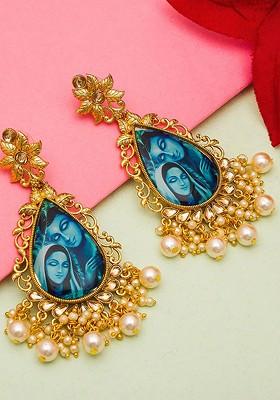 Gold Toned Geometric Radha Krishna Drop Earrings