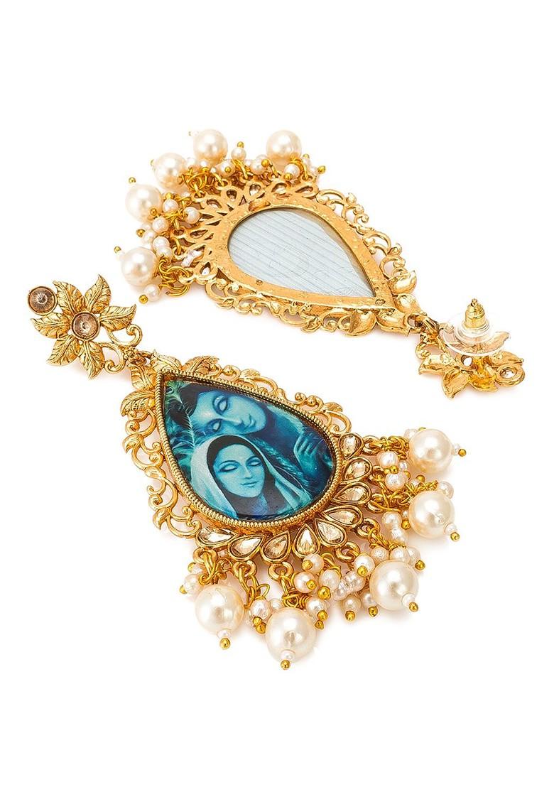 Gold Toned Geometric Radha Krishna Drop Earrings
