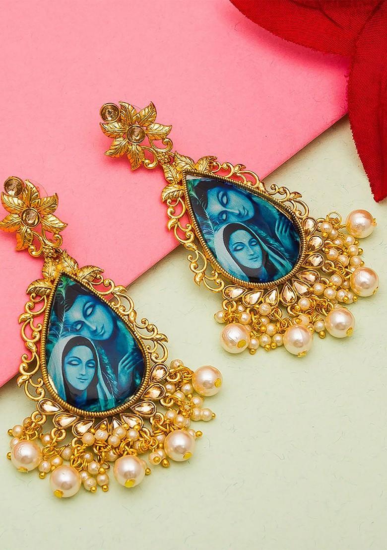 Gold Toned Geometric Radha Krishna Drop Earrings