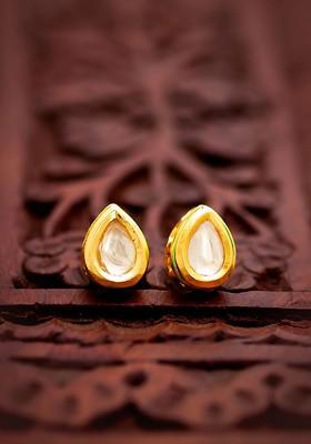 Gold Plated Kundan Studded Teardrop Shaped Studs