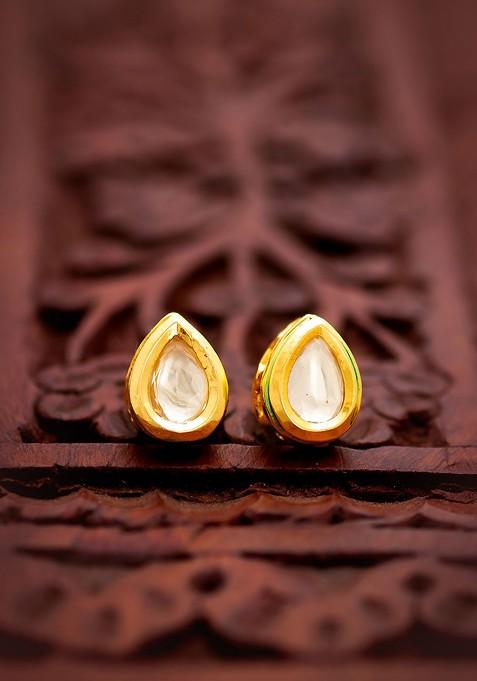 Gold Plated Kundan Studded Teardrop Shaped Studs