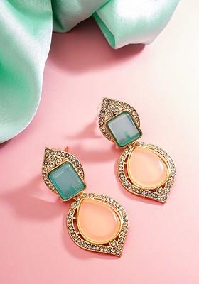 Gold Plated Geometric Stone Studded Drop Earrings