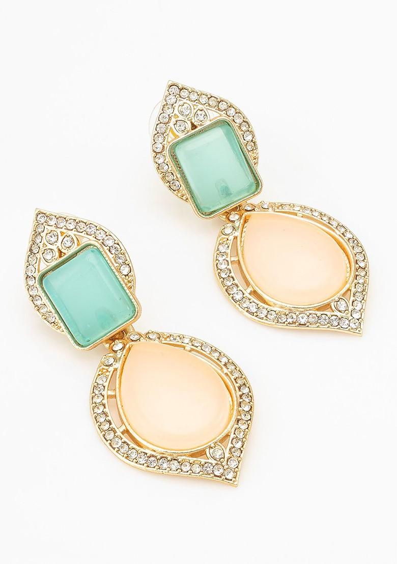 Gold Plated Geometric Stone Studded Drop Earrings