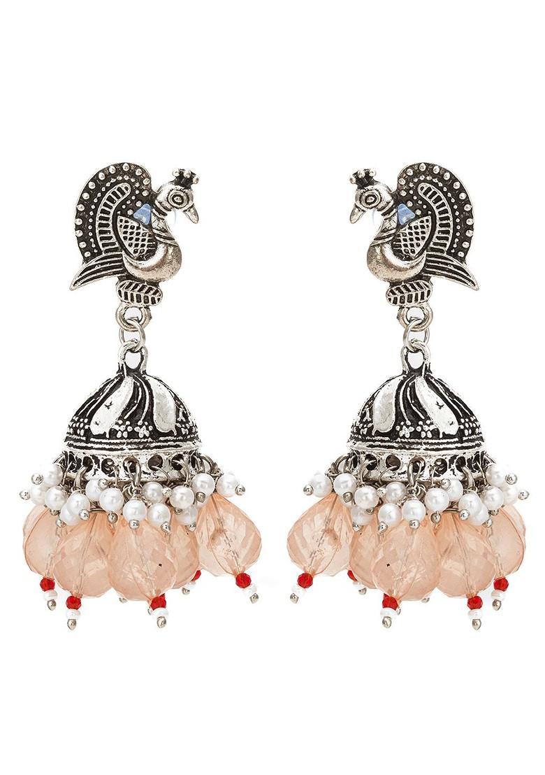 Silver Dome Shaped Kundan Studded And Beaded Jhumkas