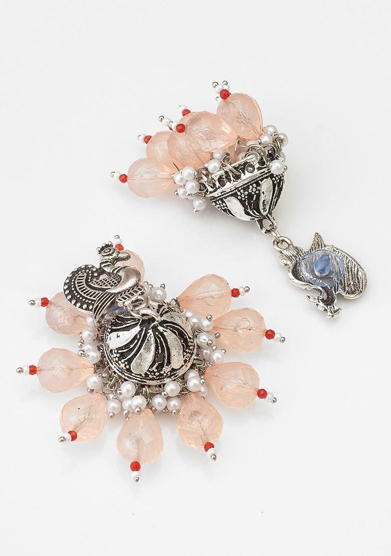 Silver Dome Shaped Kundan Studded And Beaded Jhumkas