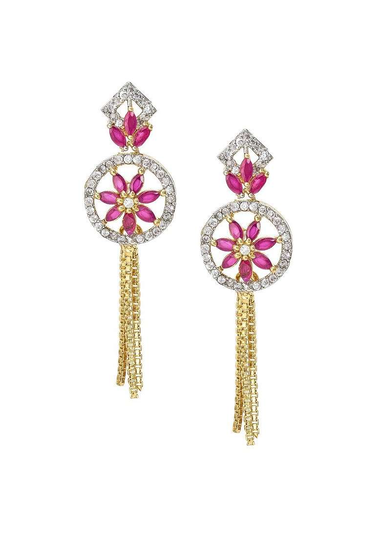 Gold Toned Ad Studded Geometric Drop Earrings - Indya