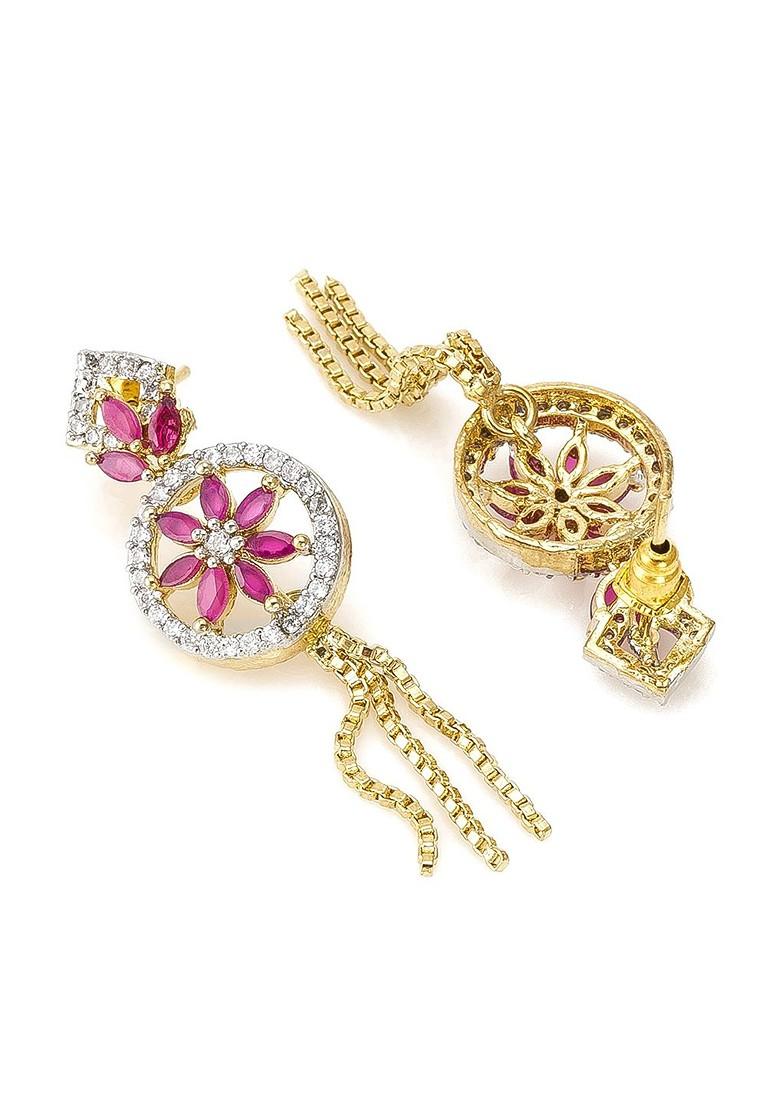 Gold Toned Ad Studded Geometric Drop Earrings