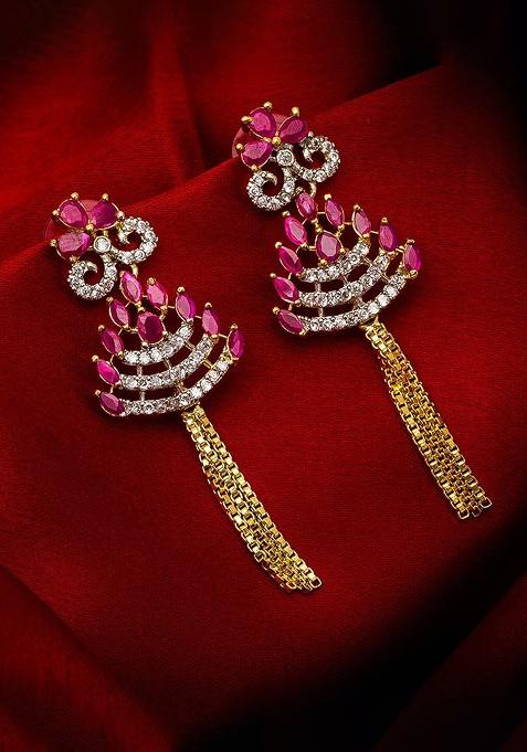 Gold Toned Ad Studded Geometric Drop Earrings