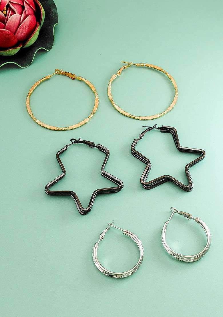 Set Of 3 Gold Plated Geometric Hoop Earrings - Indya