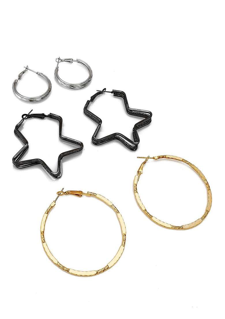 Set Of 3 Gold Plated Geometric Hoop Earrings - Indya