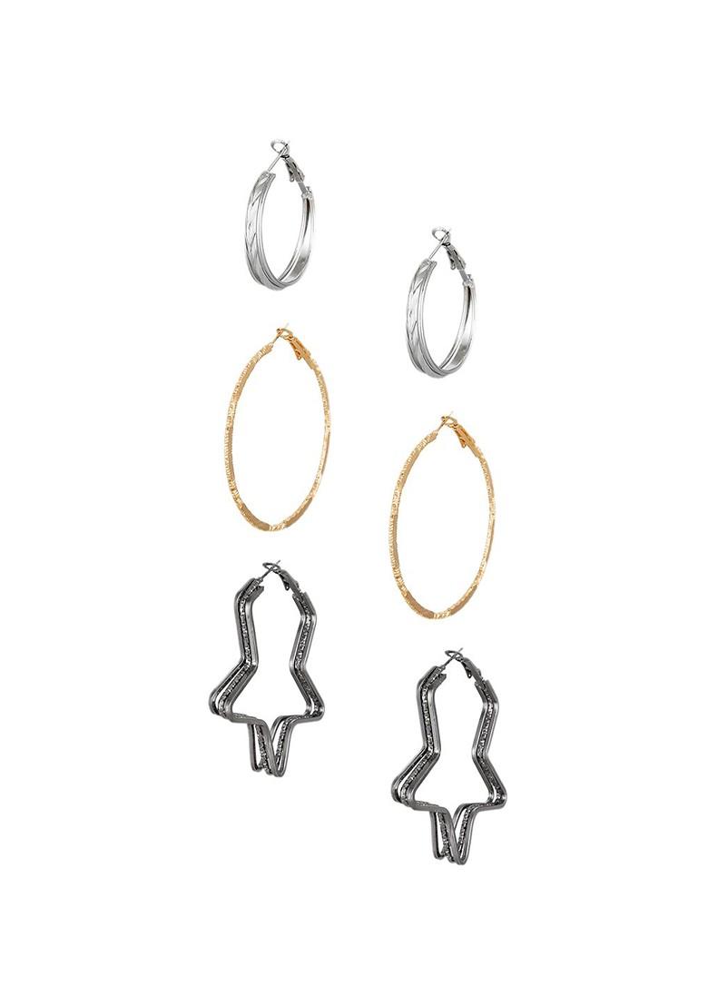 Set Of 3 Gold Plated Geometric Hoop Earrings