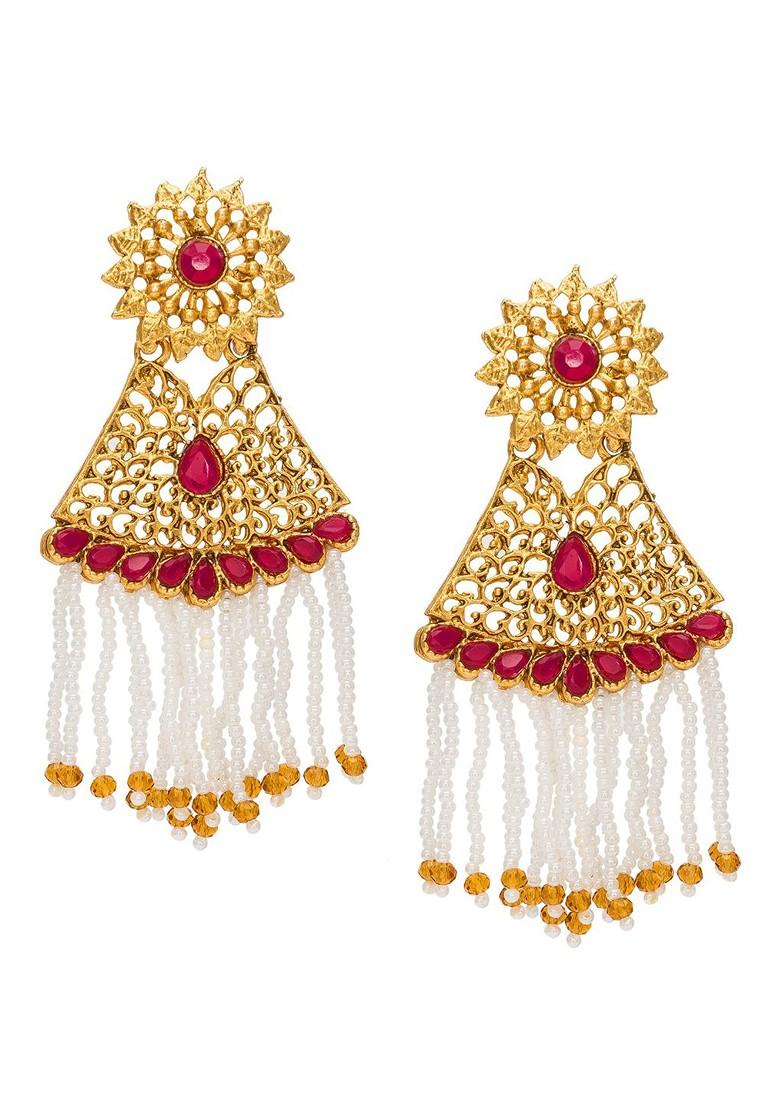 Gold Toned And White Kundan And Pearl Droppings Contemporary Drop Earrings