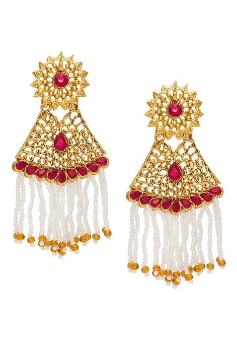 Gold Toned And White Kundan And Pearl Droppings Contemporary Drop Earrings