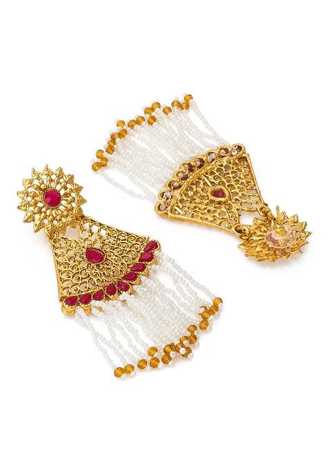 Gold Toned And White Kundan And Pearl Droppings Contemporary Drop Earrings