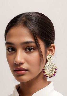 Gold Plated Kundan Studded And Beaded Contemporary Chandbalis