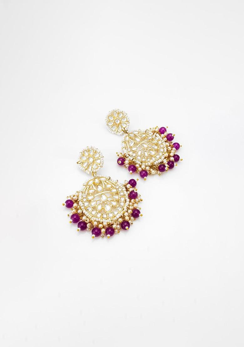 Gold Plated Kundan Studded And Beaded Contemporary Chandbalis