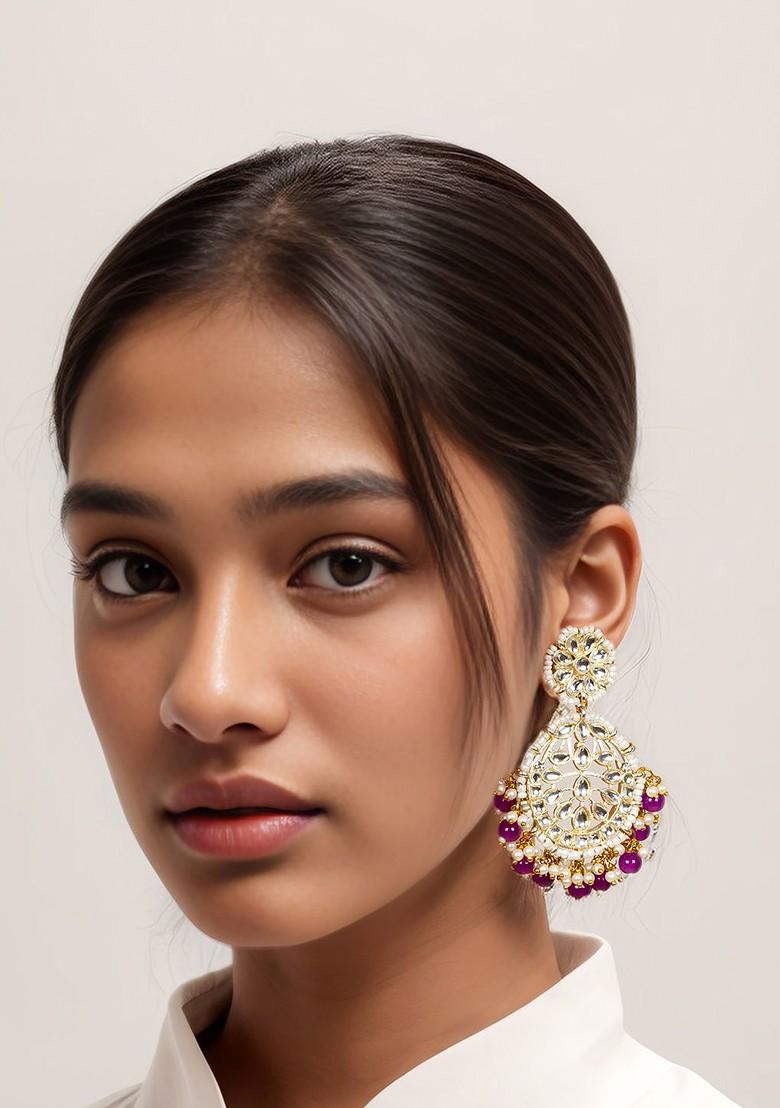 Gold Plated Kundan Studded And Beaded Contemporary Chandbalis