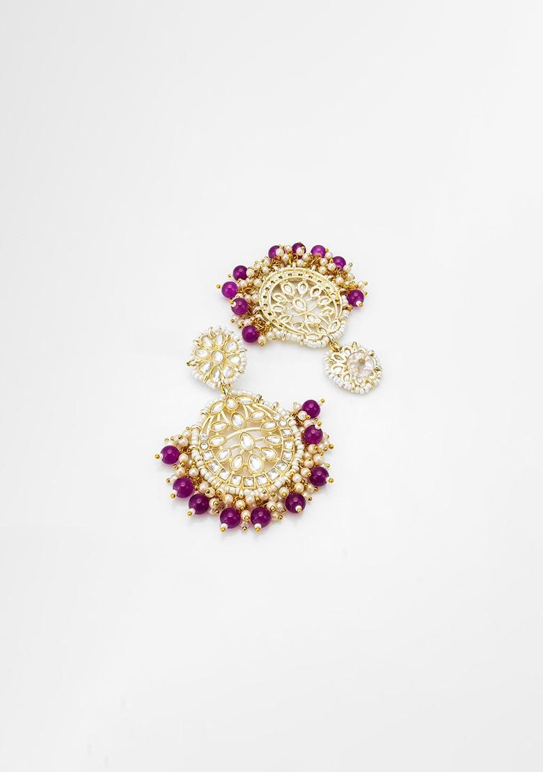 Gold Plated Kundan Studded And Beaded Contemporary Chandbalis