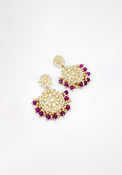 Gold Plated Kundan Studded And Beaded Contemporary Chandbalis