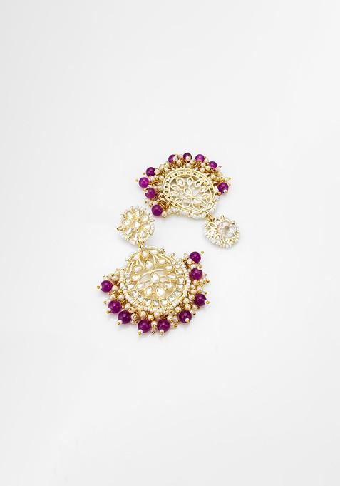 Gold Plated Kundan Studded And Beaded Contemporary Chandbalis