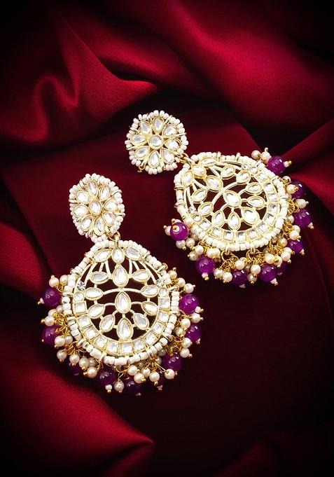Gold Plated Kundan Studded And Beaded Contemporary Chandbalis