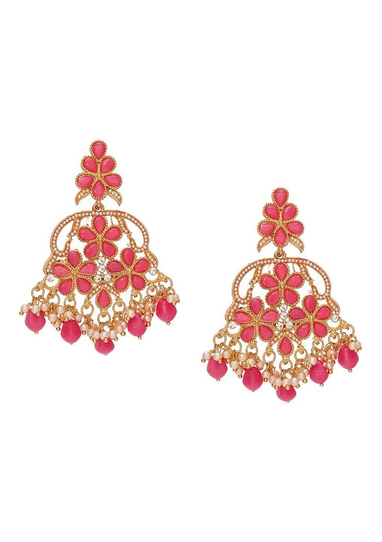 Gold Toned And Pink Kundan And Pearls Studded Contemporary Drop Earrings