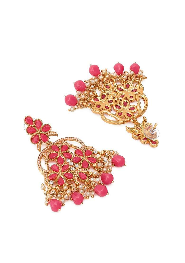 Gold Toned And Pink Kundan And Pearls Studded Contemporary Drop Earrings - Indya