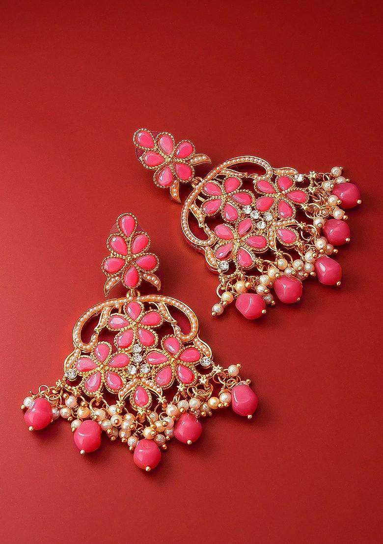 Gold Toned And Pink Kundan And Pearls Studded Contemporary Drop Earrings