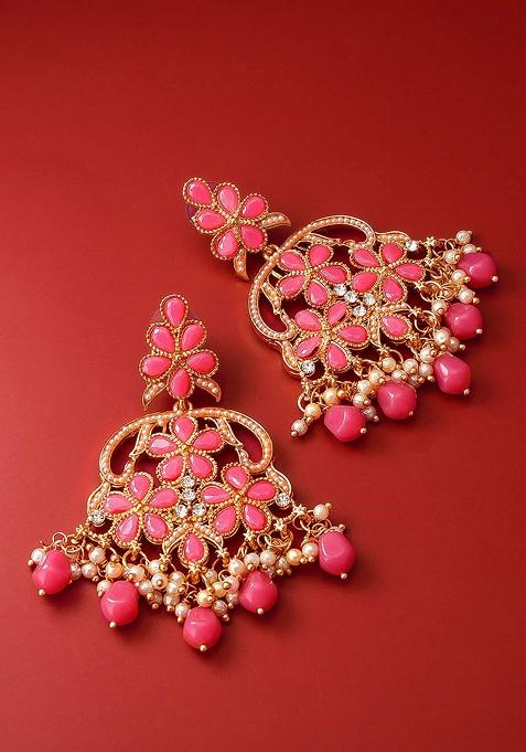 Gold Toned And Pink Kundan And Pearls Studded Contemporary Drop Earrings