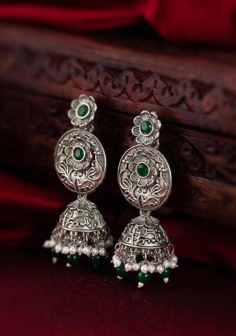 Silver Gold Plated Stone Studded And Beaded Silver Contemporary Jhumkas