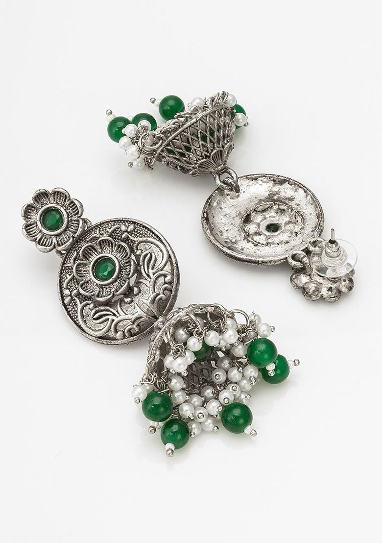 Silver Gold Plated Stone Studded And Beaded Silver Contemporary Jhumkas