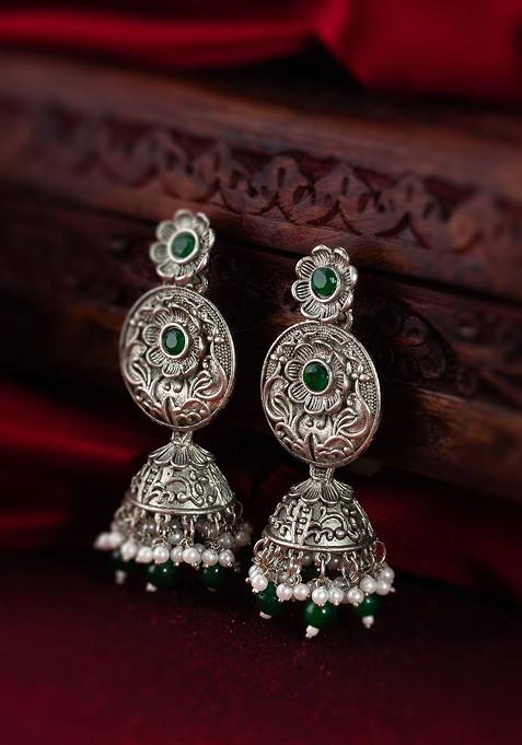 Silver Gold Plated Stone Studded And Beaded Silver Contemporary Jhumkas
