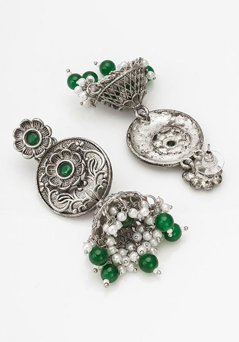 Silver Gold Plated Stone Studded And Beaded Silver Contemporary Jhumkas