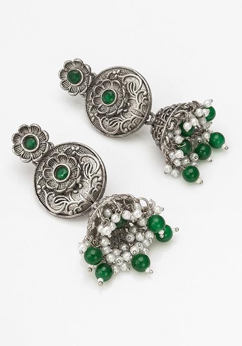 Silver Gold Plated Stone Studded And Beaded Silver Contemporary Jhumkas