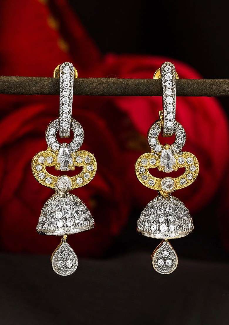 Gold Plated And Silver Toned Handcrafted Contemporary Ad Studded Drop Earrings - Indya