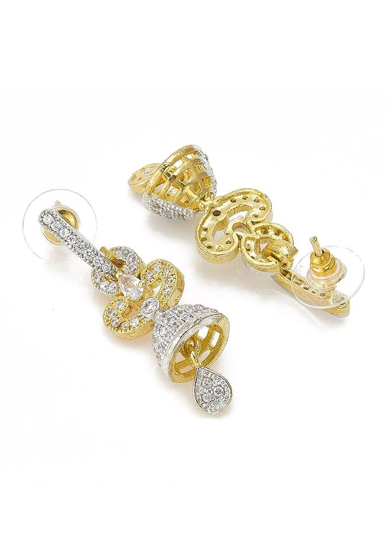 Gold Plated And Silver Toned Handcrafted Contemporary Ad Studded Drop Earrings