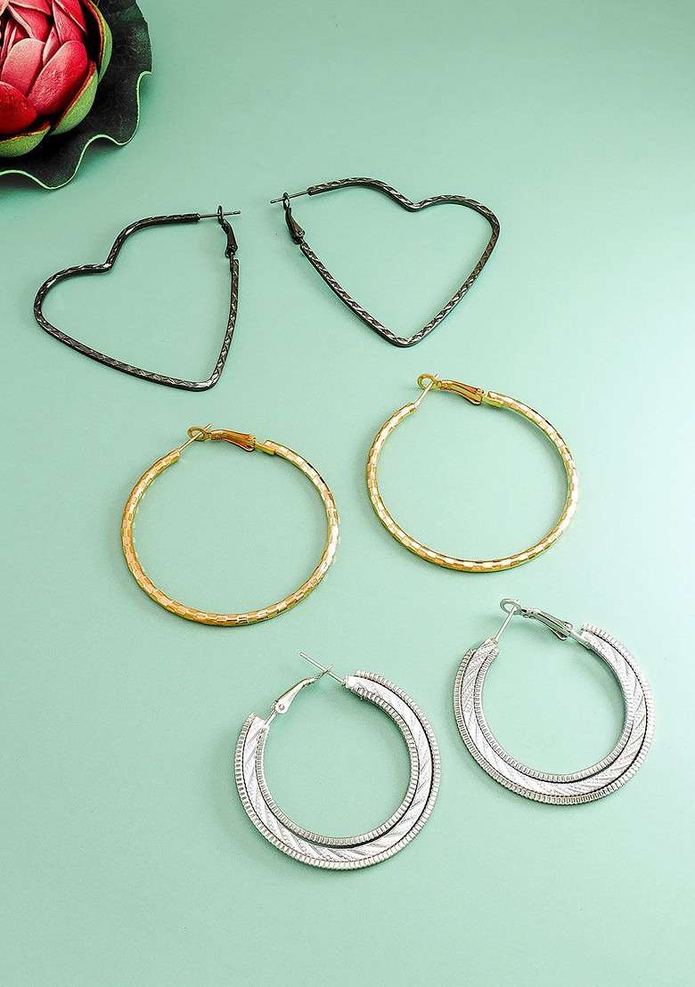 Set Of 3 Gold Plated Geometric Hoop Earrings - Indya