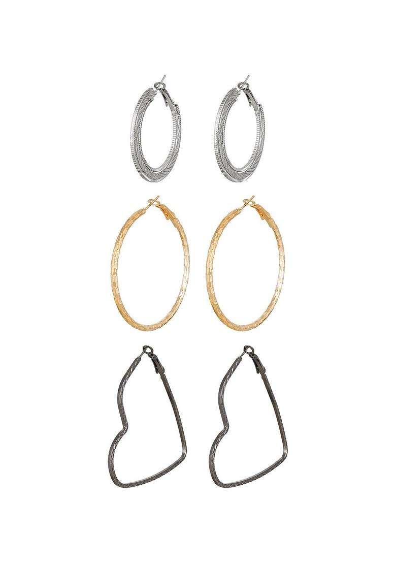Set Of 3 Gold Plated Geometric Hoop Earrings - Indya