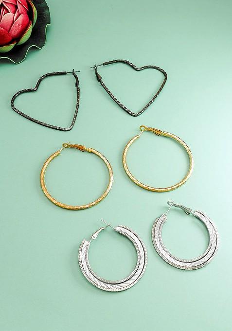 Set Of 3 Gold Plated Geometric Hoop Earrings