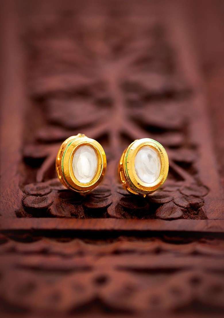 Gold Plated Kundan Studded Oval Shaped Studs - Indya
