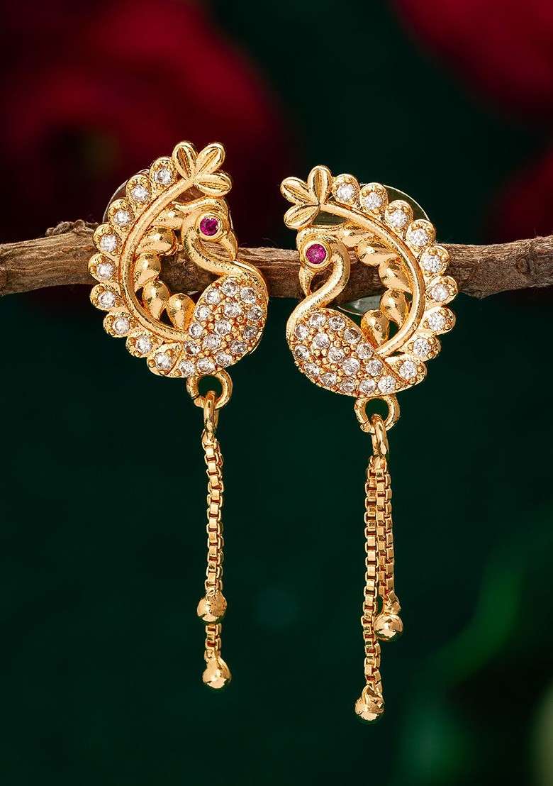 Gold Plated Stone Studded Contemporary Drop Earrings - Indya