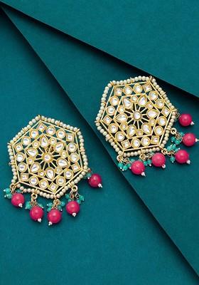 Gold Toned And Red Geometric Studs Earrings