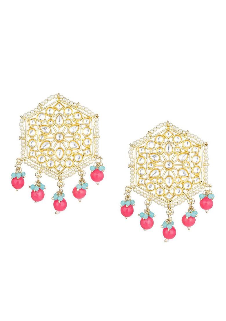 Gold Toned And Red Geometric Studs Earrings