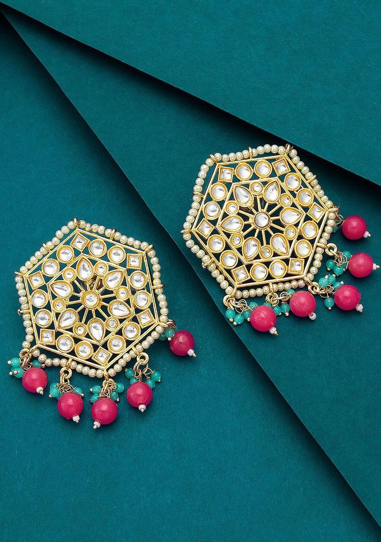 Gold Toned And Red Geometric Studs Earrings
